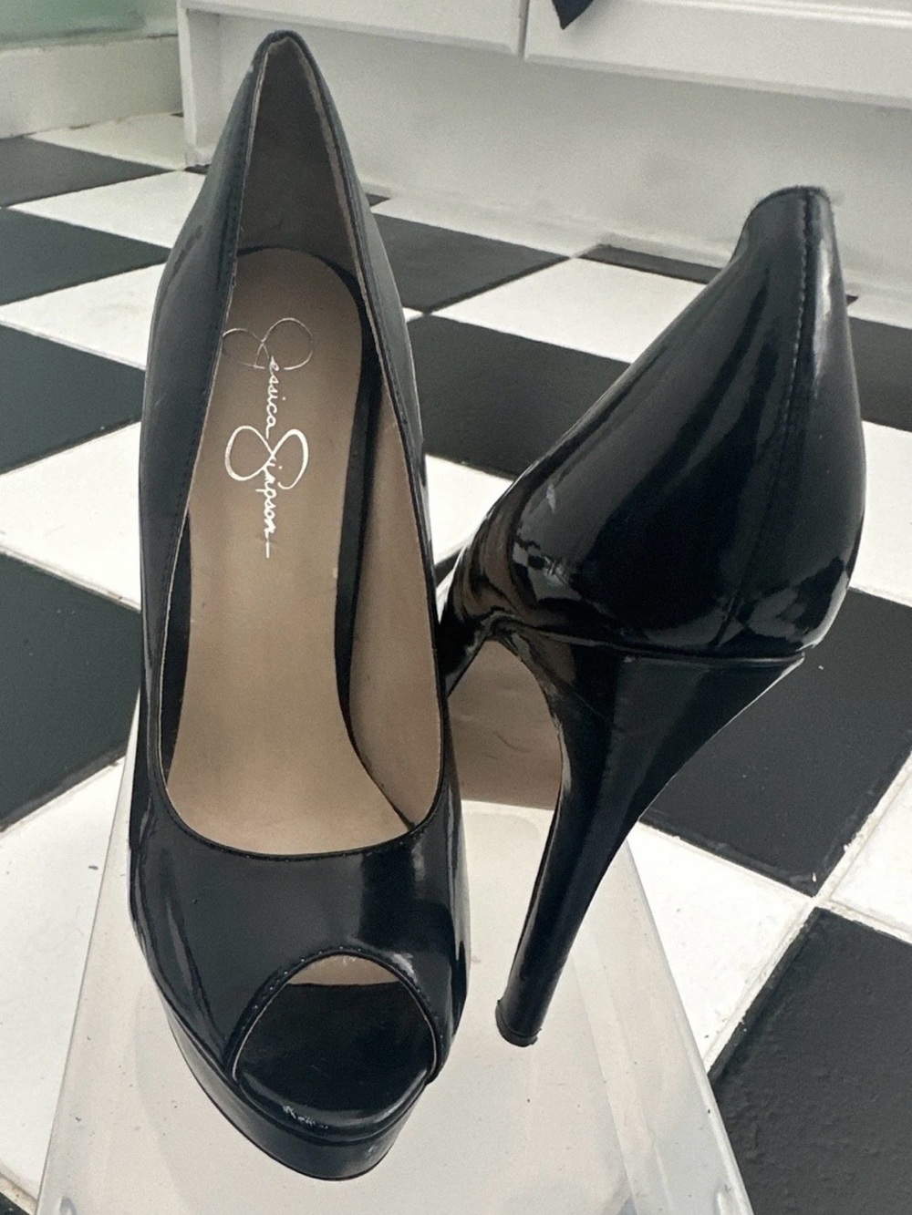 Jessica Simpson Black Patent Peep-Toe Stiletto Pumps - Picture 2 of 3